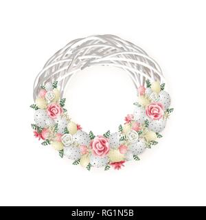 Decorated elegant Easter wreath with quail eggs flowers and other plants - pink white and green color Stock Vector