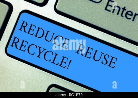 Conceptual hand writing showing Reduce Reuse Recycle. Business photo showcasing Cut down on the amount of garbage we make each year Keyboard key Inten Stock Photo