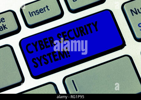 Word writing text Cyber Security System. Business concept for Techniques of protecting computers from hacking Keyboard key Intention to create compute Stock Photo