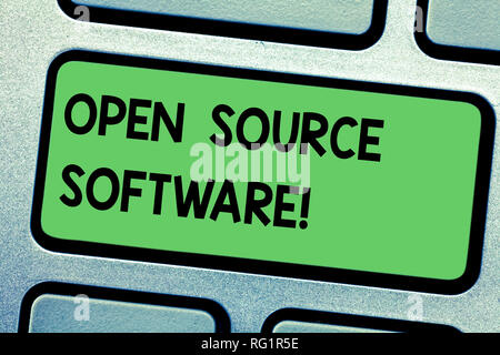 Handwriting text writing Open Source Software. Concept meaning software with source code that anyone can modify Keyboard key Intention to create compu Stock Photo