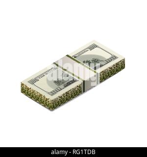 Stack of dummy one hundred US dollars banknote from back side in isometric view isolated on white Stock Vector