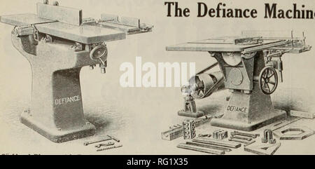 . Canadian forest industries 1909. Lumbering; Forests and forestry; Forest products; Wood-pulp industry; Wood-using industries. 1 2 CANADA LUMBERMAN AND WOODWORKER DEFIANCE" WOOD-WORKING MAHINERY PATENTED AND BUILT BY The Defiance Machine Works. 12" Hand Planer with Boring Attachment No. 8 Variety Saw-Rip and Cut-Off Defiance, Ohio For Makini; Huba, Spokes, Wagons, Carriages, Automobiles, Rims, Shafts, Pole., INeck-Yokes. Singletrees, Hoops, Handles, Spools, Bobbins,* Insulator Pins, Wood Dishes and General Wood-Work. Please note that these images are extracted from scanned page imag Stock Photo