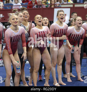 Fort Worth, Texas, USA. 26th Jan, 2019. Oklahoma gymnasts cheer on a teammate during the Metroplex Challenge NCAA gymnastics meet at the Fort Worth Convention Center in Fort Worth, Texas. Kyle Okita/CSM/Alamy Live News Stock Photo