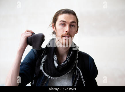 London, UK. 27th January, 2019. Andrew Hozier-Byrne known by the mononym 'Hozier', leaves the BBC Studios. He had a big hit with the song, 'Take me to Church'. Credit: Tommy London/Alamy Live News Stock Photo
