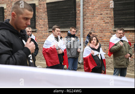 Oswiecim, Poland. 27th Jan, 2019. Poles, Polish patriots, with national flags. 74rd anniversary of Auschwitz liberation and Holocaust Remembrance Day. The biggest German Nazi concentration and extermination camp KL Auschwitz-Birkenau was liberated by the Red Army on 27 January 1945. Credit: Damian Klamka/ZUMA Wire/Alamy Live News Stock Photo