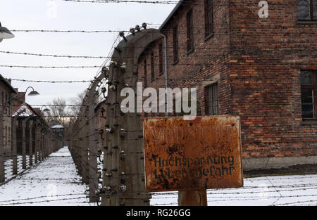Oswiecim, Poland. 27th Jan, 2019. Barbed wire and barracks on the site of the former Auschwitz concentration camp. January 27 is Holocaust Memorial Day. Credit: Bernd Thissen/dpa/Alamy Live News Stock Photo