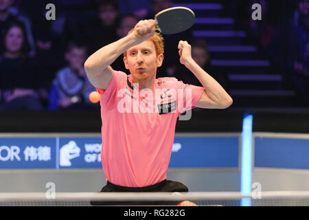 London, UK. 27th January 2019. Gavin Rumgay (SCO) against Hu Junchao (CHN) in Last 16 match during Betvictor World Championship of Ping Pong - 2019 tournament - last 16 knockout stage at Alexander Palace on Sunday, 27 January 2019. LONDON ENGLAND.  (Editorial use only, license required for commercial use. No use in betting, games or a single club/league/player publications.) Credit: Taka G Wu/Alamy Live News Stock Photo