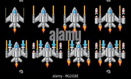 Space Ship Pixel Art Video Arcade Game Cartoon Stock Vector