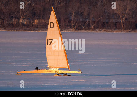 Ice Boat Sailing on Lake Pepin Between Minnesota and Wisconsin Stock Photo