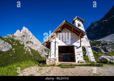 Small church located above the Falzarego Pass, Passo di Falzarego Stock Photo