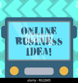 Text sign showing Online Business Idea. Conceptual photo Online concept that can be used for financial gain Drawn Flat Front View of Bus with Blank Co Stock Photo