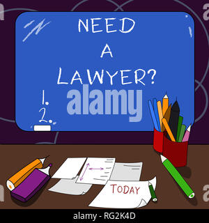 Handwriting text Need A Lawyerquestion. Concept meaning Looking for legal advice or preparing legal documents Mounted Blank Color Blackboard with Chal Stock Photo