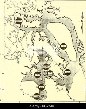 . The Canadian field-naturalist. 342 The Canadian Field-Naturalist Vol. 102 79.0&quot; 74.cf - 69.0' 64.0&quot; - 59.0' 54.0'. 105.0&quot; 95.0' 85.0&quot; 75.0&quot; es.o&quot;^ 55.0&quot; Figure 5. Location and number of Walrus counted during surveys or incidental sightings (in order presented in text): A — Southampton Island, Coats Island and Evans Strait; B — Northern Foxe Basin; C — Southeast Baffin Island; D  Central High Arctic; E — Salisbury, Nottingham and Mill Islands; F — Western Foxe Peninsula; G — Ottawa and Spicer Islands; H — Cape Henrietta Maria; I — East coast of Baffin Islan Stock Photo