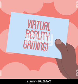 Writing note showing Virtual Reality Gaming. Business photo showcasing application of virtual environment to computer games Drawn Hu analysis Hand Hol Stock Photo