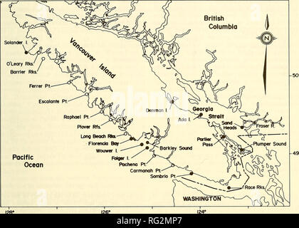 . The Canadian field-naturalist. 1988 Bigg: Status of the California Sea Lion 309. I28« 126&quot; Figure 2. Geographical locations of the main haulout and rafting sites used by California Sea Lions (•) Vancouver Island, and sites used only by Steller Sea Lions (O). off Point, Long Beach Rocks, Plover Reefs, Raphael Point, Escalante Point, Ferrer Point., Barrie Rocks, and O'Leary Rocks (Figure 2). These sites are occupied typically by 50-250 Steller Sea Lions in winter. California Sea Lions appeared to avoid sites that are exposed directly to oceanic swells. Large swells do not occur off southe Stock Photo
