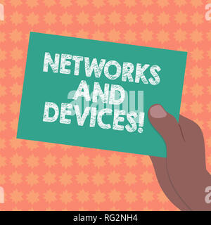 Writing note showing Networks And Devices. Business photo showcasing used to connect computers or other electronic devices Drawn Hu analysis Hand Hold Stock Photo