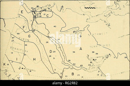 . The Canadian field-naturalist. 1971 News and Comment 79. Figure 1. Approximate location of proposed reserve sites in the taiga region of the Yukon and North- west Territories with approximate limits of phytogeographic provinces and other areas (A. Open subarctic woodland, B. Closed mixed and coniferous forest, C. Mackenzie River Delta and Reindeer Grazing Preserve, D. Mackenzie Mountains, E. British Mountains and Richardson Mountains, F. Peel Plateau and Porcupine Plain, G. Ogilvie Mountains and Selwyn Mountains, H. Southeastern Yukon, I. Western and Central Yukon Plateau, J. Intermontane Pl Stock Photo