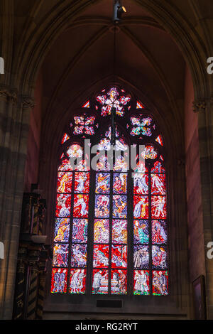 PRAGUE, CZECH REPUBLIC - JUNE 14, 2017: Stained Glass window in the Cathedral of Prague. Stock Photo