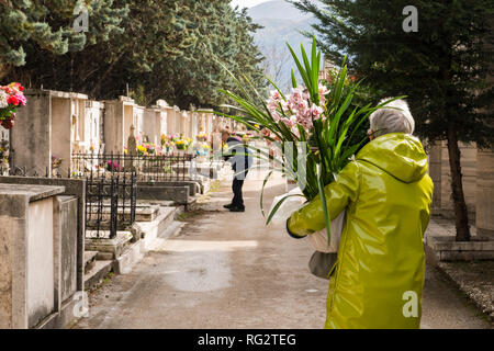 Woman in yellow raincoat walking in cemetery, holding large vase of flowers, rear view, Avezzano, Abruzzo region, province of L'Aquila, Italy, Europe