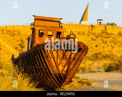 Ship Graveyard in the desert at former Aral Sea in Ubekistan Stock Photo