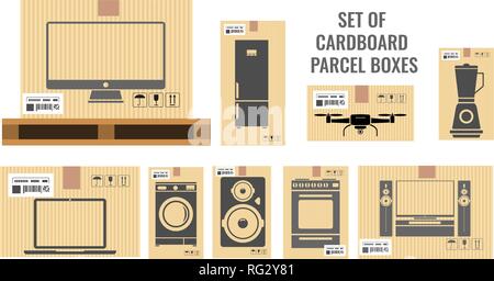 Set of different cardboard boxes with different real sizes and of various household and utensil equipments. Flat vector illustration. Stock Vector