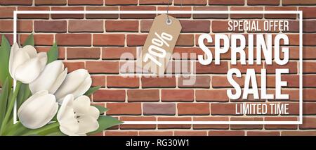 Spring sale. White tulip flower, frame and typographic on red brick wall background. Background for invitation, discount offer or flyer. Realistic det Stock Vector