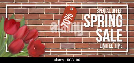 Spring sale. Red tulip flowers, typographic and frame on red brick wall background. Background for invitation, discount offer or flyer. Realistic deta Stock Vector