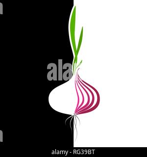 Half an onion with leaves and roots. Logo for a kitchen, bar or restaurant. Abstract emblem. Black and white background. Stock Vector