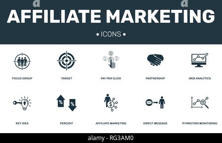Affiliate Marketing set icons collection. Includes simple elements such as Focus group, Target, Key idea, Monitoring and Web analytics premium icons. Stock Vector