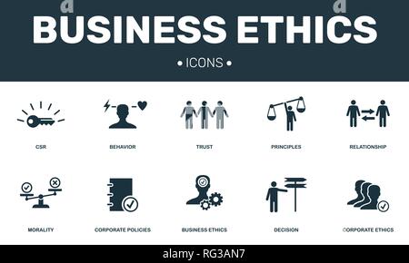 Business Ethics set icons collection. Includes simple elements such as CSR, Behavior, Trust, Principles and Morality premium icons. Stock Vector
