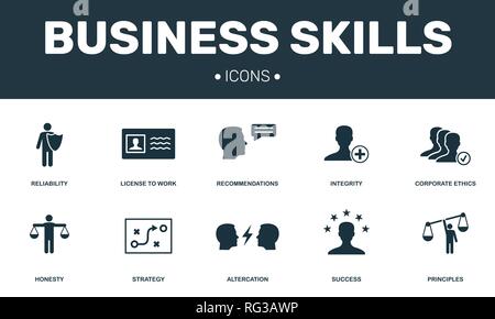 Business Skills set icons collection. Includes simple elements such as Integrity, Corporate Ethic, Altercation and Strategy premium icons. Stock Vector