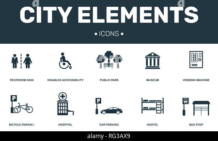 City elements set icons collection. Includes simple elements such as Restroom, Disabled, Public park, Hostel and Car parking premium icons. Stock Vector