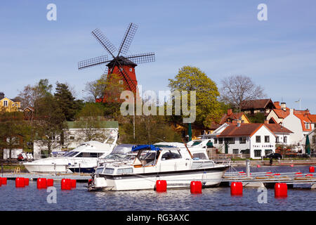 Strangnas, Sweden - May 9, 2018: The harbor and windmill landmark in the city of Strangnas. Stock Photo
