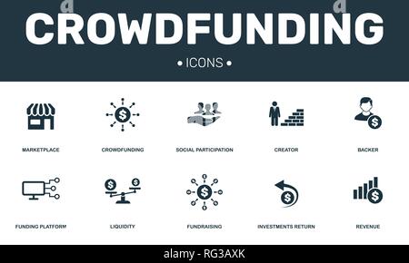 Crowdfunding set icons collection. Includes simple elements such as Marketplace, Creator, Backer, Funding platform and Fundraising premium icons. Stock Vector