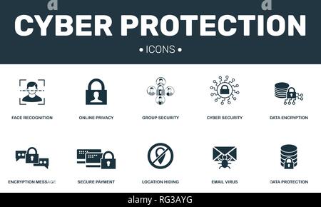 Cyber protection set icons collection. Includes simple elements such as Online privacy, Cyber security, Face recognition and Data premium icons. Stock Vector