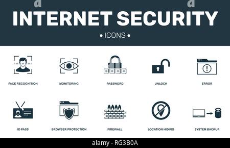 Internet security set icons collection. Includes simple elements such as Password, Firewall, Error, Unlock and Browser protection premium icons. Stock Vector