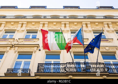 italian and european flags and other flag on a balcony Stock Photo