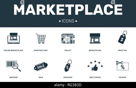 Marketplace set icons collection. Includes simple elements such as Wallet, Price tag, Coupon, Discount and Sale premium icons. Stock Vector
