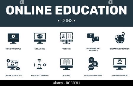 Online Education set icons collection. Includes simple elements such as E-learning, Webinar, E-book, Blended learning premium icons. Stock Vector