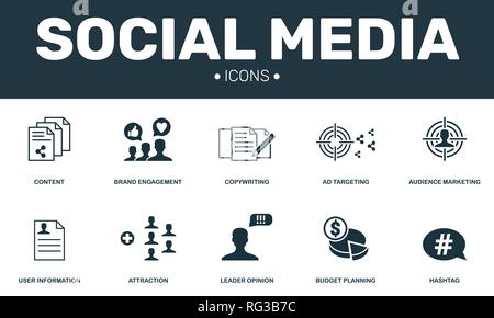 Social media set icons collection. Includes simple elements such as Content, Copywriting, Budget planning and Hashtag premium icons. Stock Vector