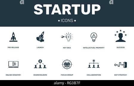 Startup set icons collection. Includes simple elements such as Pre-release, Launch, Intellectual property, Online donation and Key idea premium icons. Stock Vector