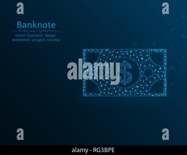 Banknote with dollar sign low poly vector illustration, money polygon icon on blue background, abstract design illustration Stock Vector