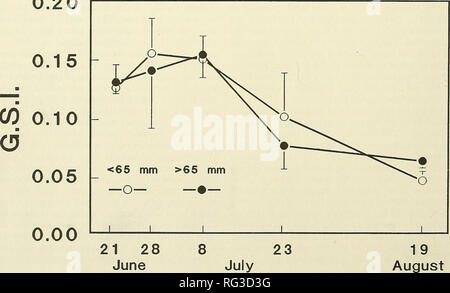 . The Canadian field-naturalist. 238 The Canadian Field-Naturalist Vol. 106 Table 1. Summary of fecundity (mature eggs) data for redbelly dace, (r represents regression of fecundity on length) DACE EGGS Date «65 mm &gt; 65 mm total mean s.d. range r- P 1984 21 June 9 3 12 331 91 182-500 0.72 &lt;0.01 28 June 18 13 31 246 71 125^30 0.01 0.59 8 July 7 5 12 157 146 12^38 0.47 &lt;0.01 23 July 6 15 21 194 78 72-342 0.61 1.0 mm) or pockets of transparent eggs. Immature ovaries were those which contained no eggs with yellow yolk. We determined that small fish would be consid- ered 65 mm based on an  Stock Photo