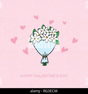 Creative vector illustration Invitation card Valentine's concept. Cute flower bouquet, pink heart on pink pastel background. Cute cartoon hand drawing Stock Vector