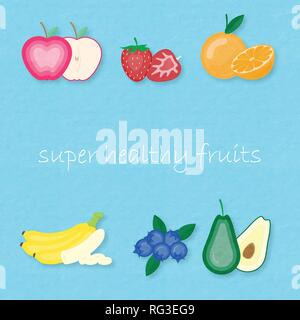 Creative vector illustration set of most popular fruits. Apple, Strawberries, Orange, Banana, Blueberries, Avocado. Very nutrition useful fruit. Paper Stock Vector