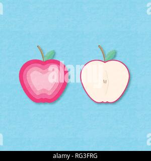 Creative vector illustration apple fruits and apples half. On blue background with paper textured. Paper art digital craft papercut style. Stock Vector