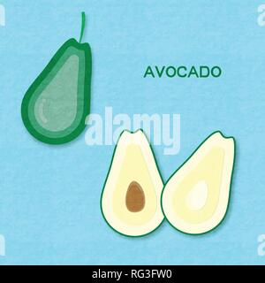 Creative vector illustration avocado fruits and avocado half. On blue background with paper textured. Paper art digital craft papercut style. Stock Vector