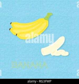 Creative vector illustration banana fruits and bananas sliced. On blue background with paper textured. Paper art digital craft papercut style. Stock Vector