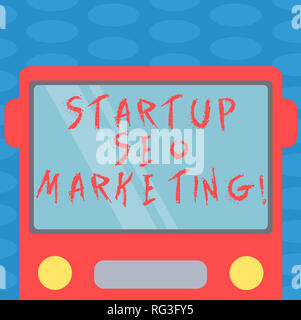 Word writing text Startup Seo Marketing. Business concept for Attract qualified leads while your work improving Drawn Flat Front View of Bus with Blan Stock Photo