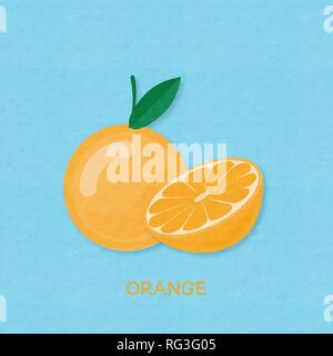 Creative vector illustration Orange fruits and Oranges half. On blue background with paper textured. Paper art digital craft papercut style. Stock Vector